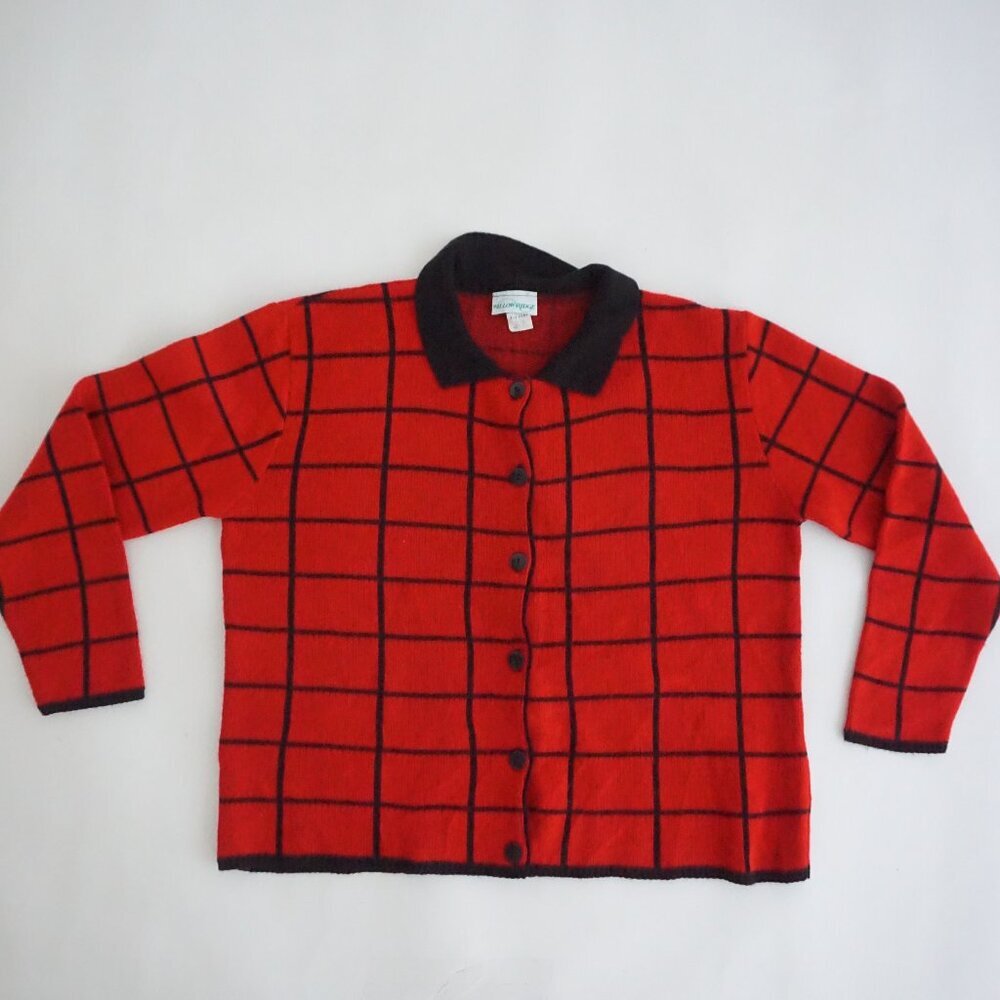 Vintage Willow Ridge Red Black Grid Check Collared Button Front Knit Cardigan XL